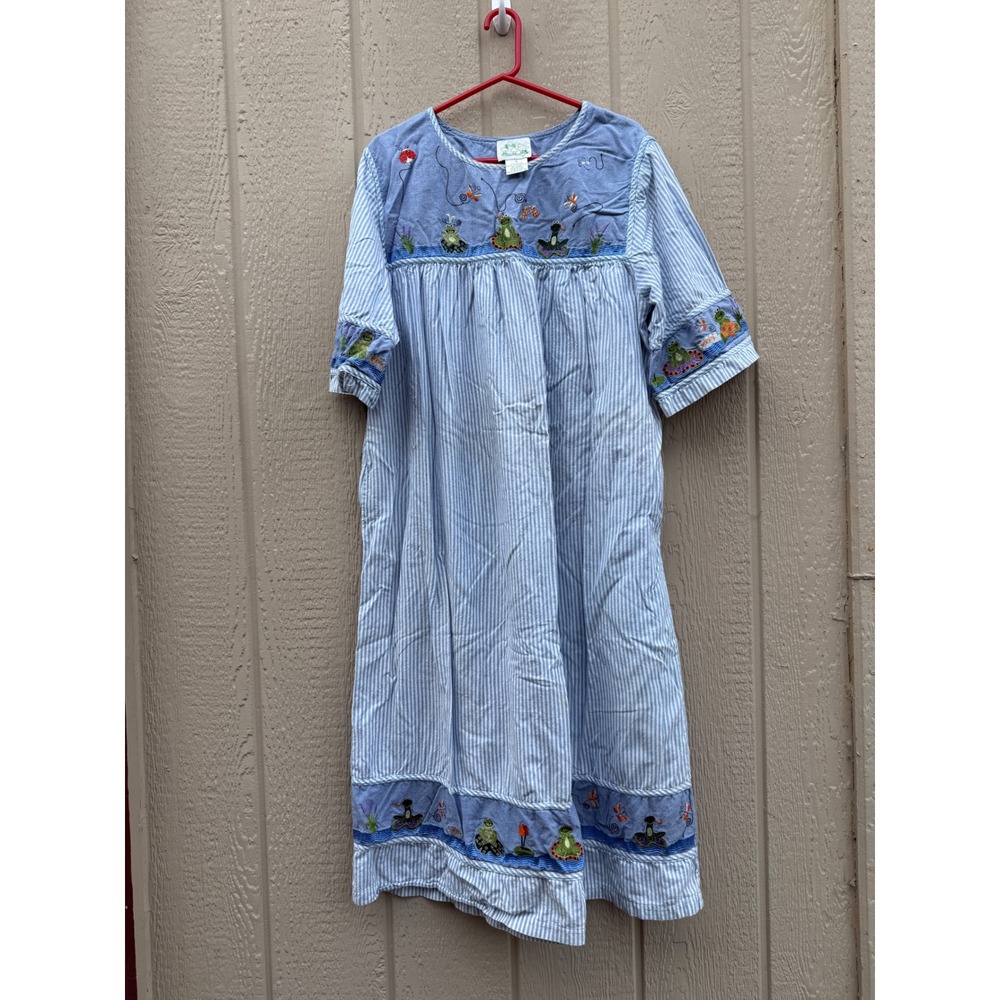 Quacker Factory 1X Midi Dress Frog Embroidery Cotton Striped Seersucker